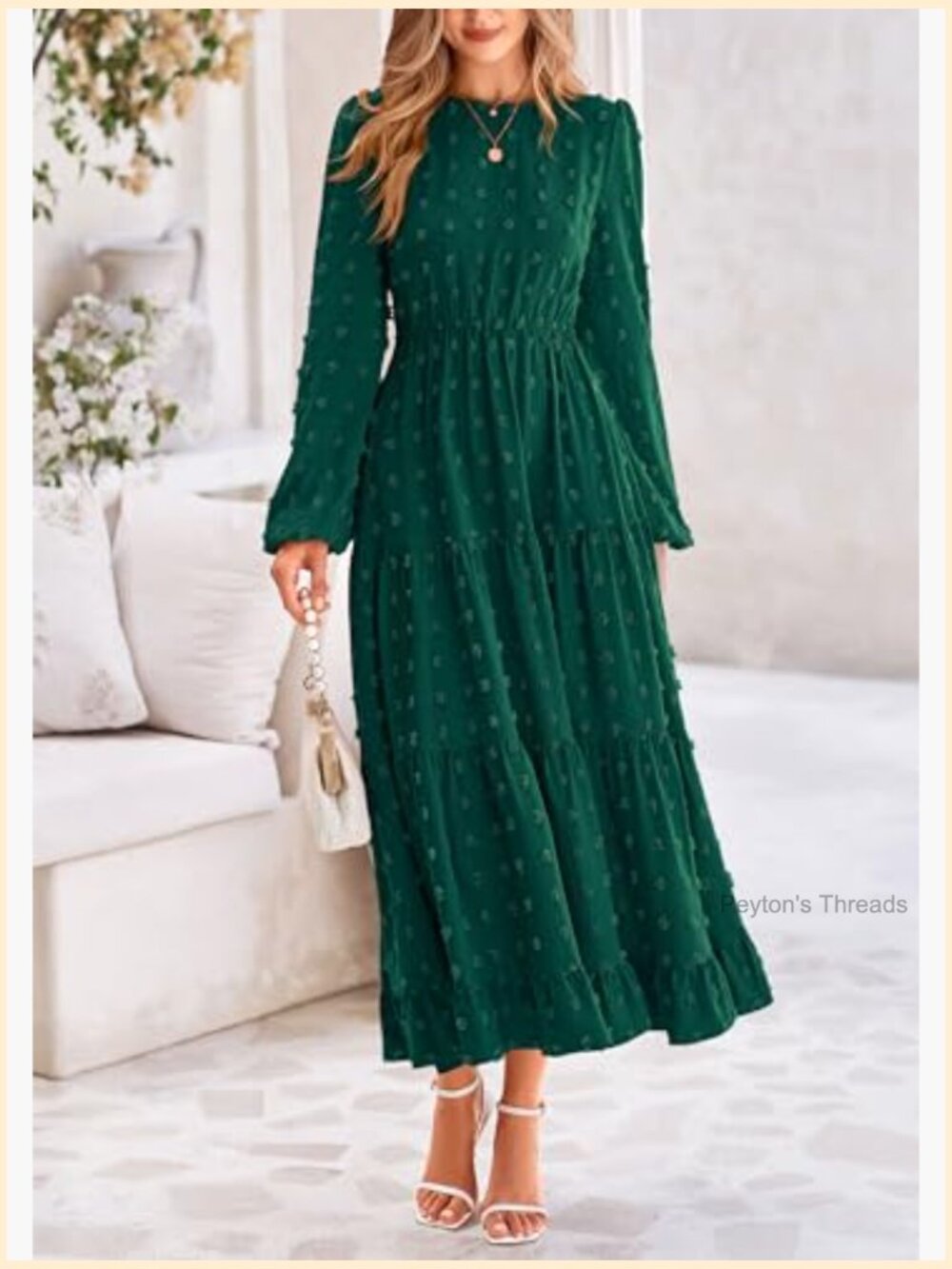Elegant Long Sleeve Maxi Dress Swiss Dot A-Line Flowy Casual Holiday Party Dress - Picture 3 of 7
